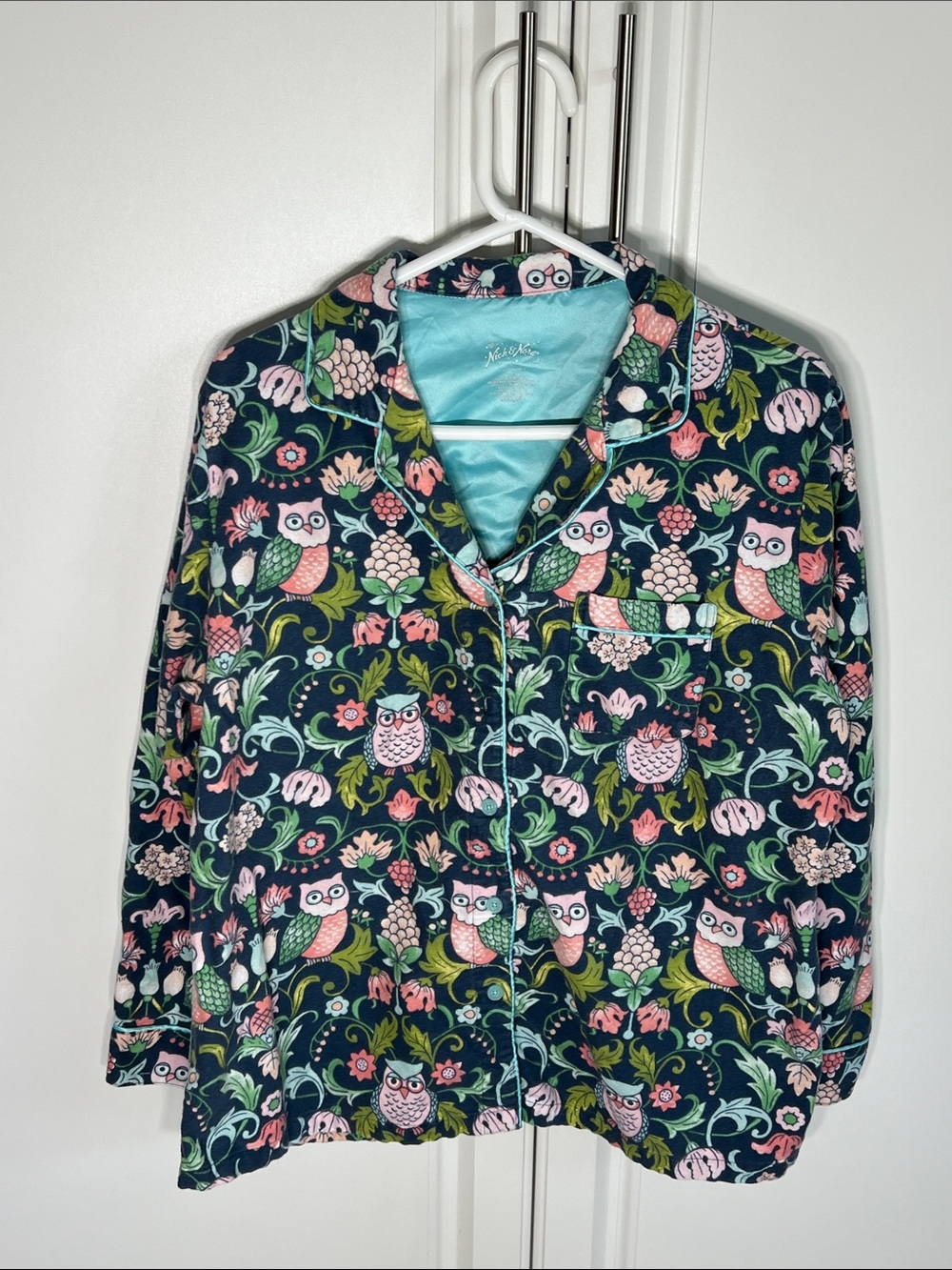Nick & Nora Navy Owl-Print Pajama Top with Pink & Teal Accents